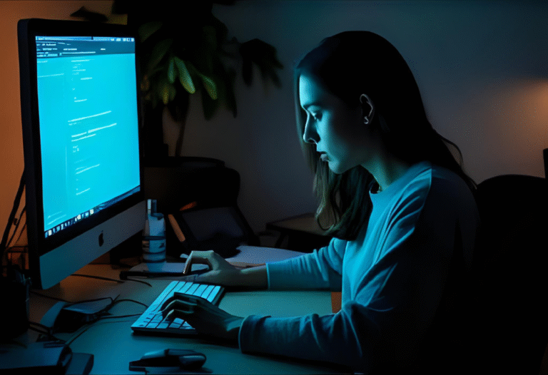 une femme derrière un ordinateur