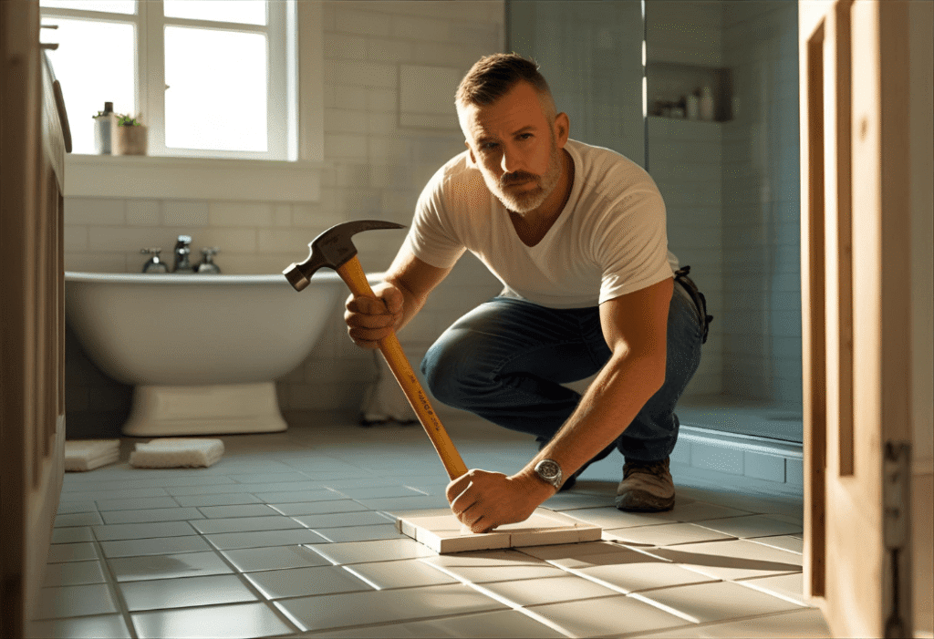 Un homme faisant des travaux dans une salle de bain horaire de travaux