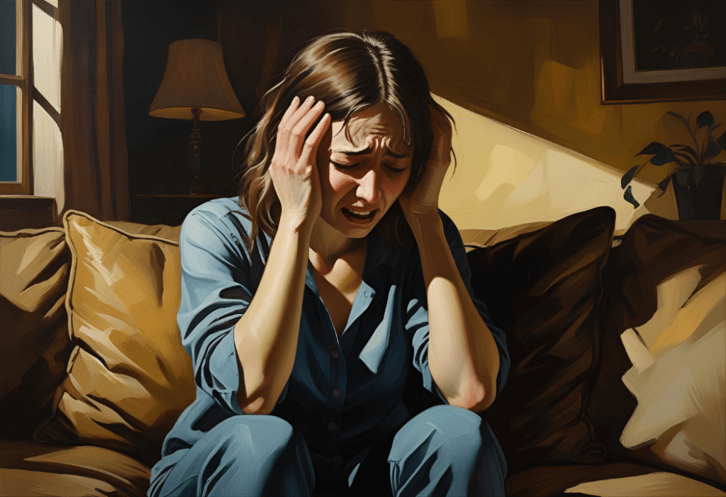 Une femme qui pleur en se bouchant les oreilles