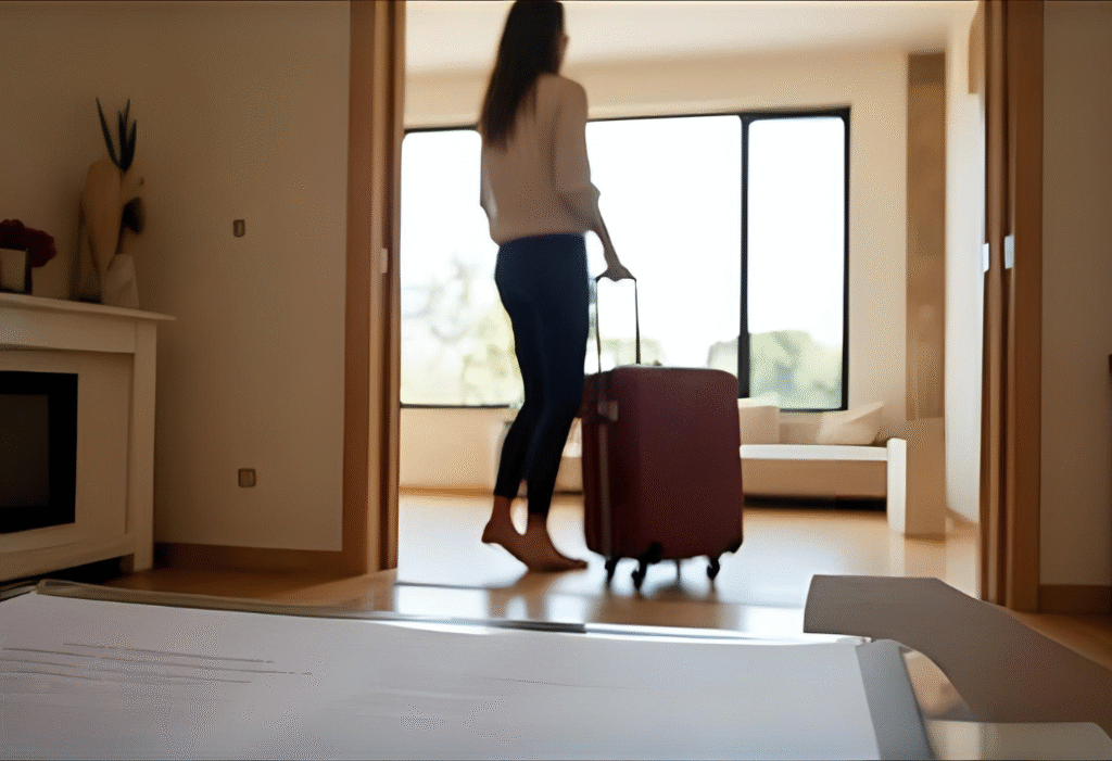 Une femme de dos emménage dans une maison